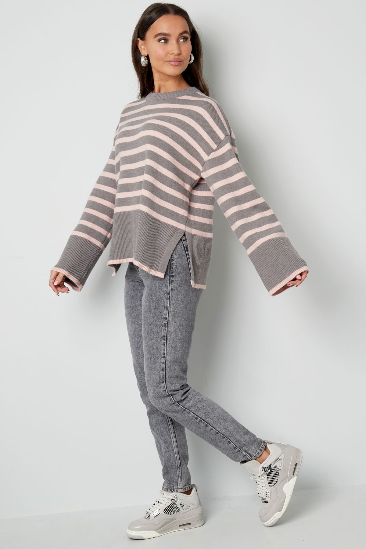 Wide knitted sweater stripes and flared sleeve - orange pink h5 Picture11